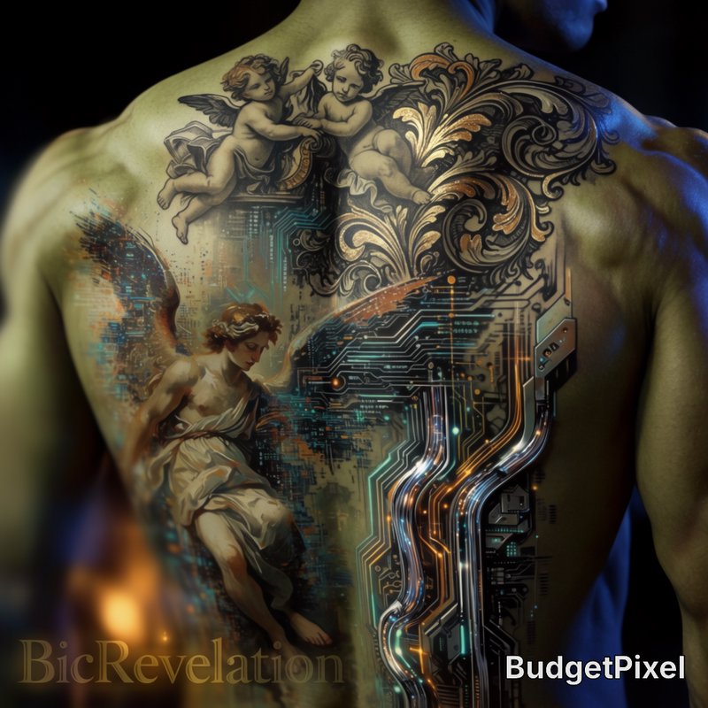 Intricate full back tattoo blending Baroque angel, cherub, rococo art with glowing futuristic cyb...