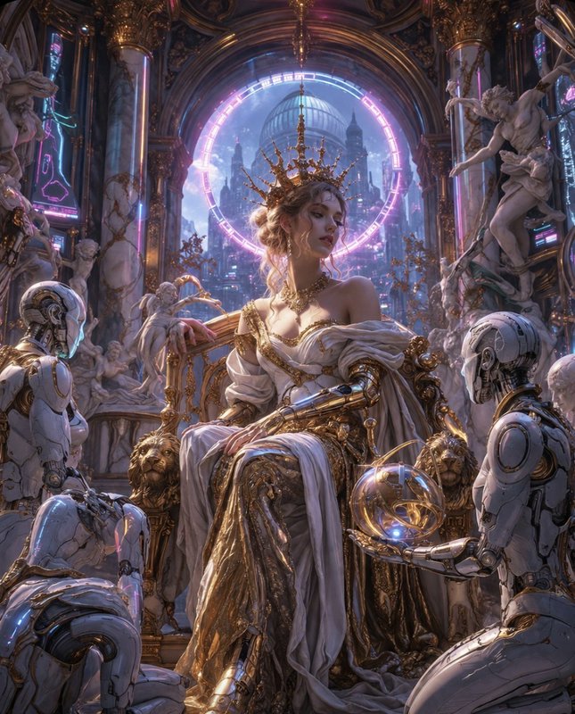 Regal futuristic cyber queen sits on an ornate gilded throne as humanoid robots kneel offering a ...