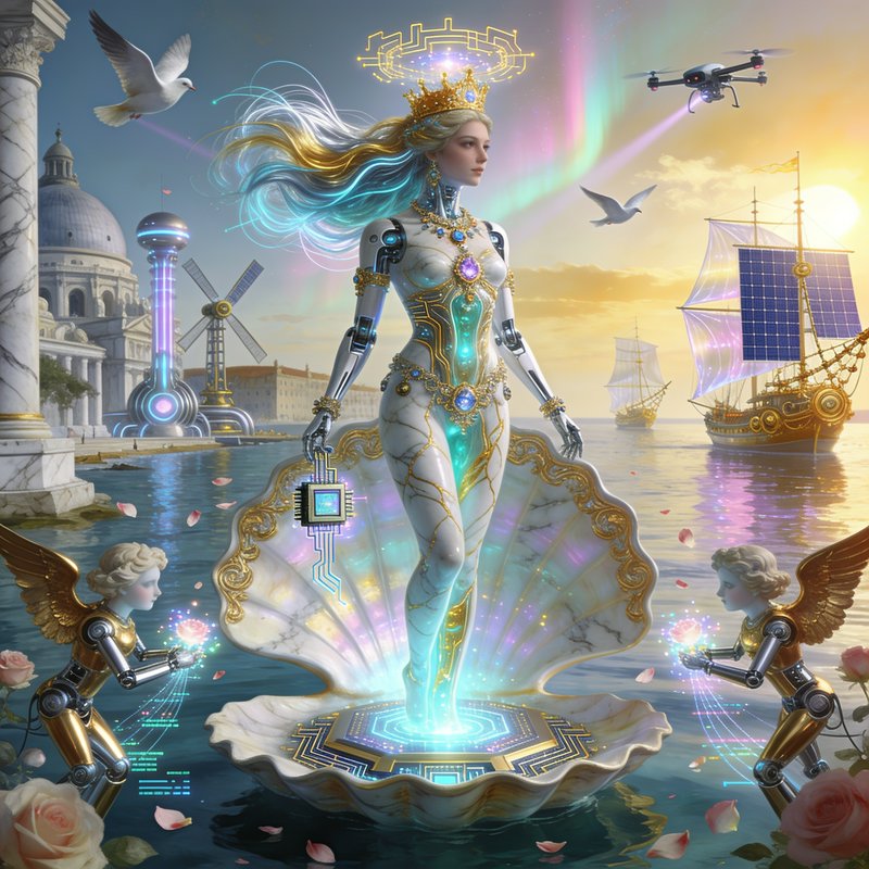 Cybernetic robotic goddess with golden crown emerges from an ornate glowing seashell, flanked by ...