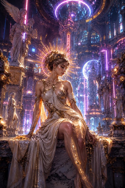 Regal golden halo goddess sits serenely in a neon-lit cyberpunk baroque cathedral surrounded by c...