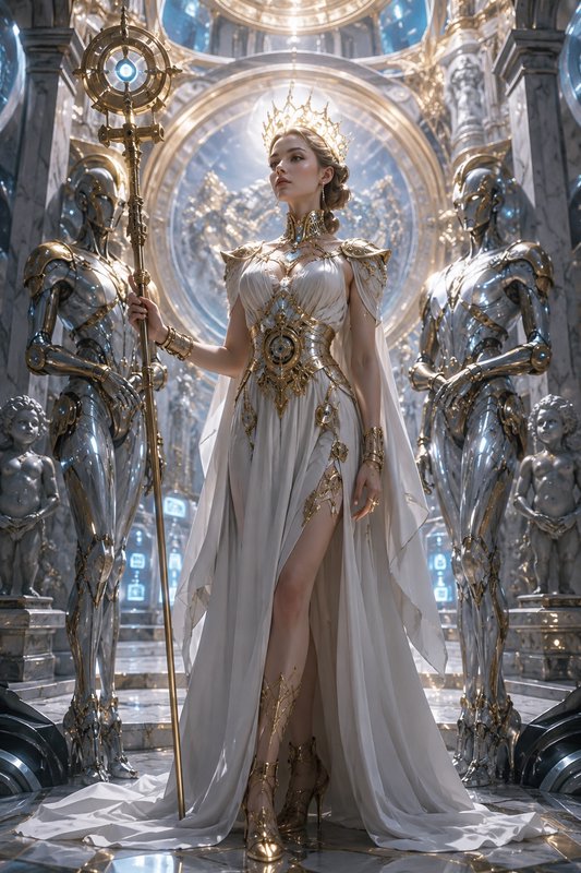 Regal futuristic empress with golden crown and ornate staff stands flanked by chrome robot guards...