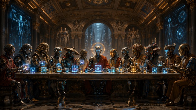 Cyberpunk reimagining of The Last Supper, with ornate humanoid robots seated at a grand table wit...