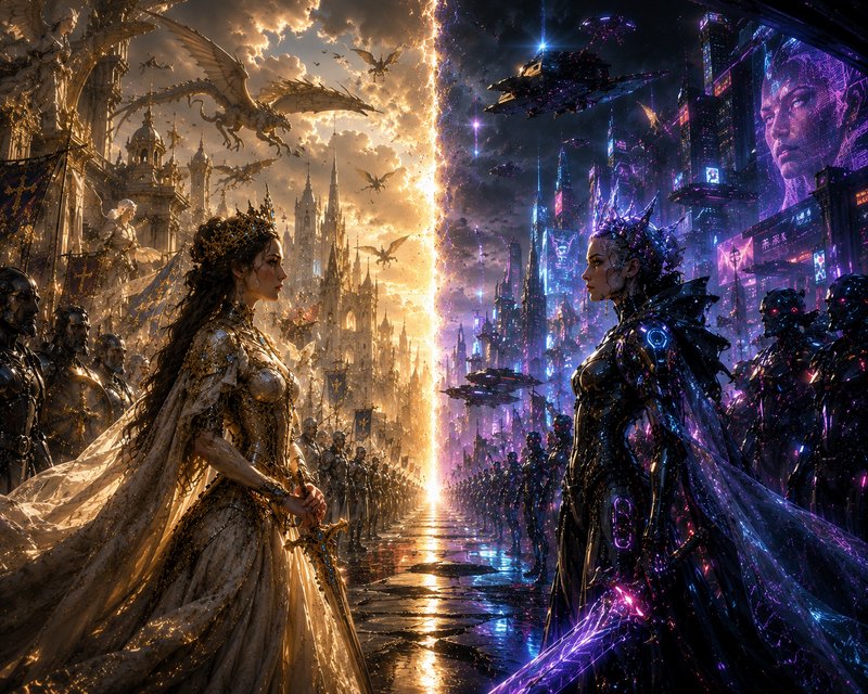 Regal high fantasy queen and cyberpunk warrior queen face off across a glowing energy rift separa...