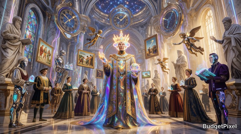 Glowing crowned cosmic monarch presides over a grand baroque hall, flanked by renaissance courtie...