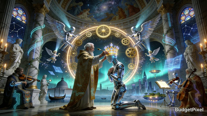 Ornate futuristic coronation: elderly robed priest places glowing crown on a kneeling silver robo...