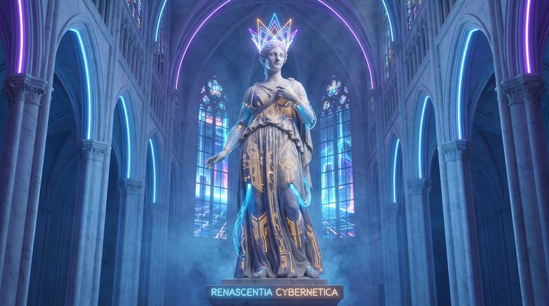 Futuristic cyberpunk classical goddess statue with neon crown, centered in a neon-lit gothic cath...