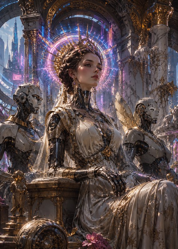 Cybernetic robotic queen with golden crown sits on an ornate throne, flanked by android guards in...