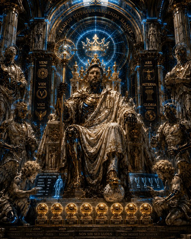 Mythic portrait of Lionel Messi as a regal cybernetic king seated on an ornate throne, surrounded...