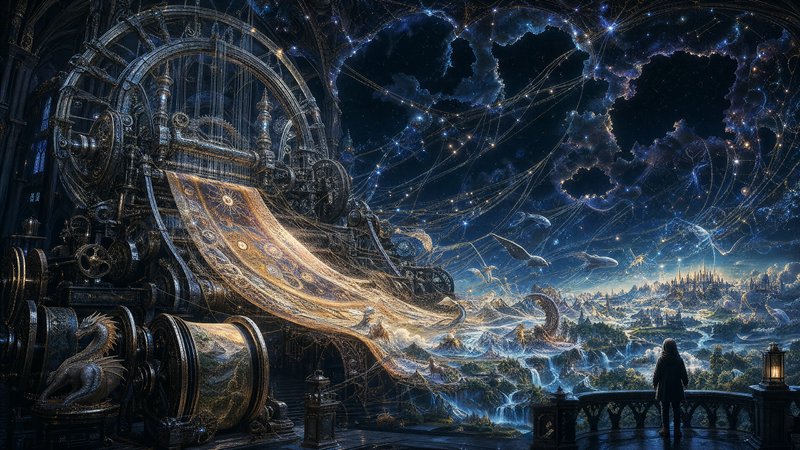 Enormous steampunk cosmic loom weaves a glowing tapestry unfurling into a starry fantasy realm, w...