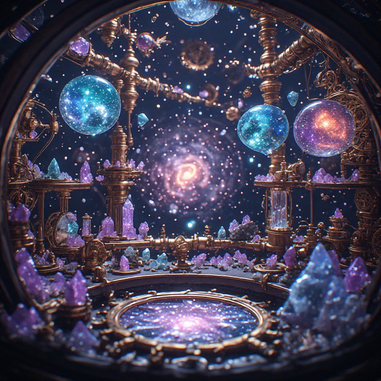 Ornate steampunk celestial device with glowing galaxy glass orbs and amethyst crystals, viewed th...