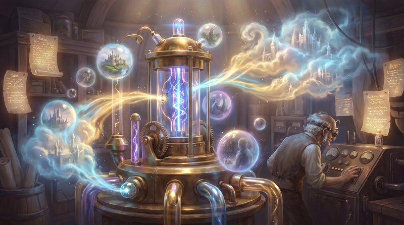 Elder steampunk inventor operates a brass magical device projecting glowing bubble visions of fan...