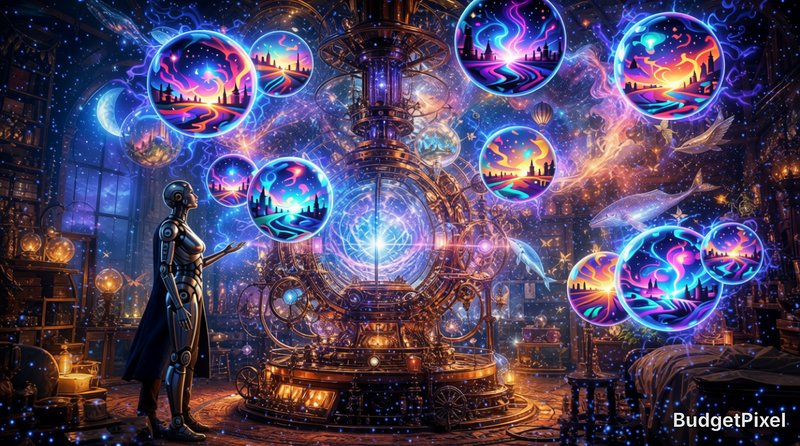 Sleek humanoid android observes floating glowing portal orbs around an ornate steampunk cosmic ma...