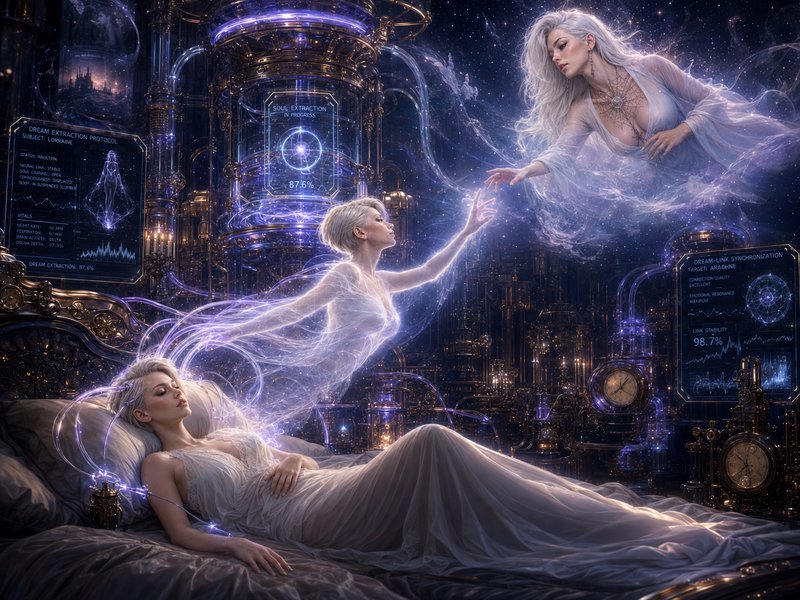 Surreal fantasy scene of sleeping woman, her translucent spirit reaching for an ethereal being in...