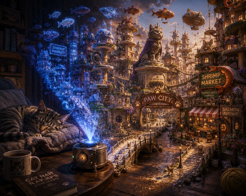 Sleeping tabby cat projects a glowing hologram of whimsical Paw City, a fantasy cat kingdom from ...