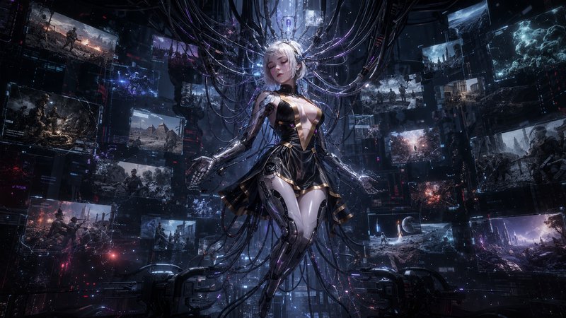 White-haired cybernetic female android connected to tangled data cables, floating amid floating s...