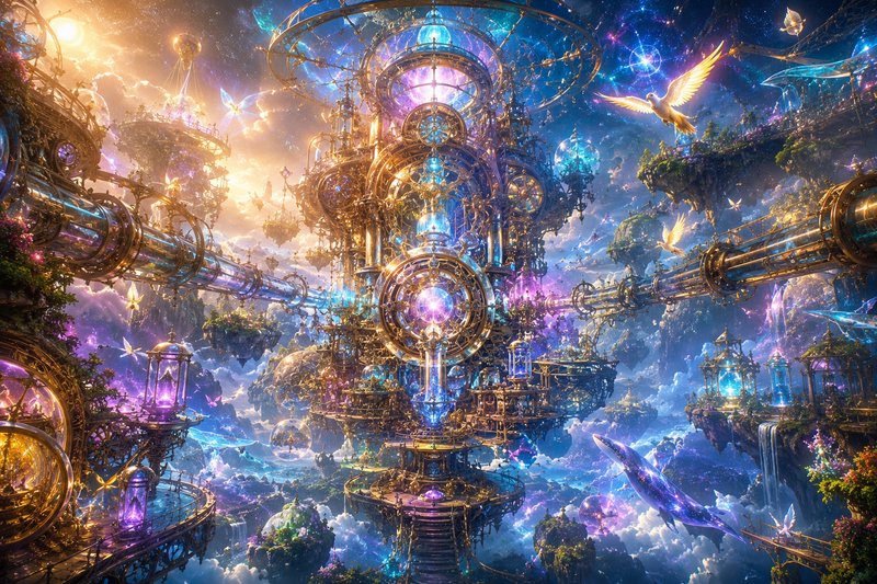Ornate steampunk floating celestial city with glowing crystal clockwork architecture, winged crea...