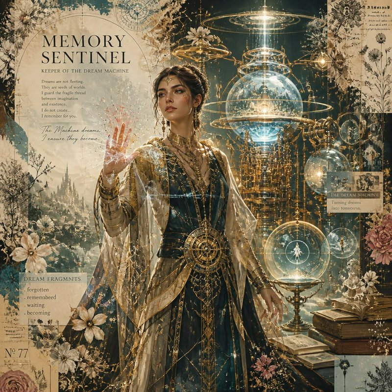 Fantasy illustration of Memory Sentinel, a regal magic user beside a glowing steampunk dream mach...