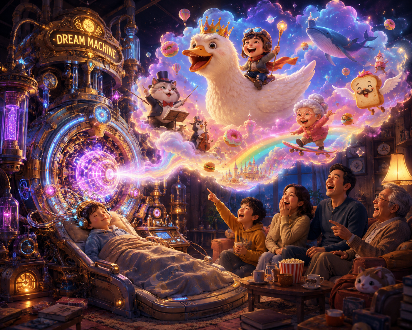 [Ornate steampunk Dream Machine projects a whimsical magical dreamscape, as a laughing family watches a sleeping child's v...