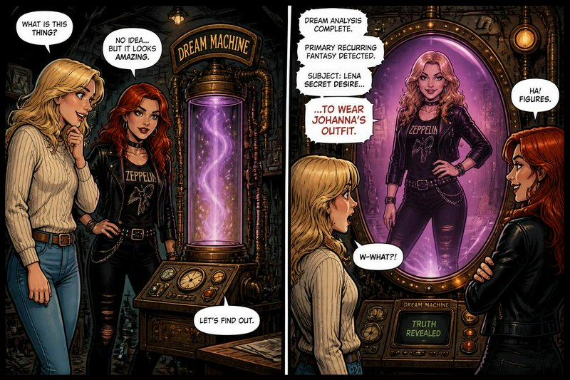 Two-panel comic of two women testing a steampunk Dream Machine that reveals a funny hidden outfit...