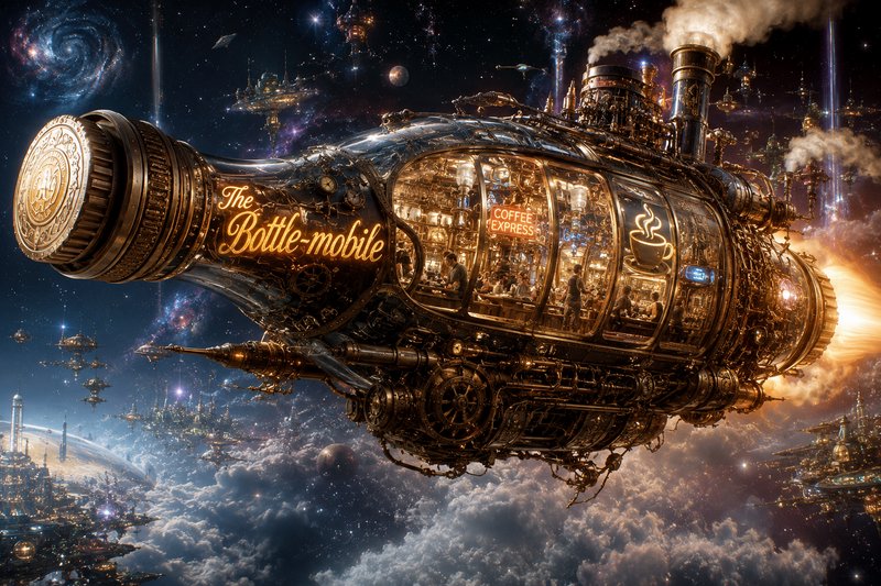 Intricate steampunk "Bottle-mobile" glass airship housing a coffee shop floats through starry cos...