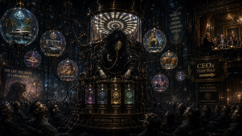 [Dark surreal dystopian illustration of a central machine controller surrounded by consumerist propaganda orbs overlooking...
