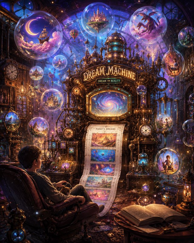 Boy seated in a leather armchair observes an ornate steampunk Dream Machine surrounded by floatin...