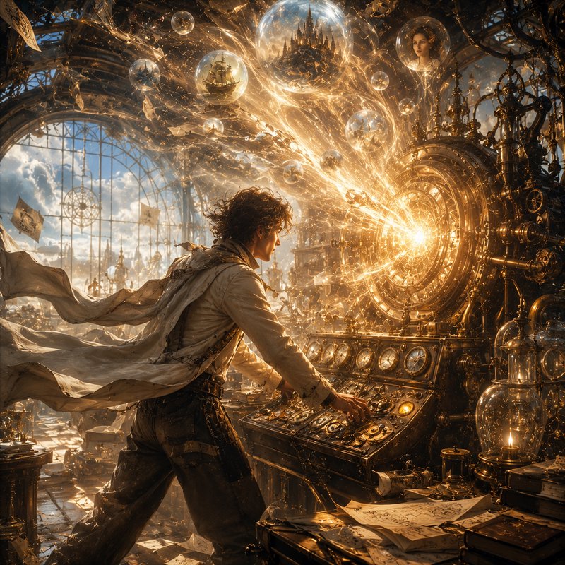 Steampunk inventor operates a glowing brass machine as magical floating orbs drift above a sunlit...
