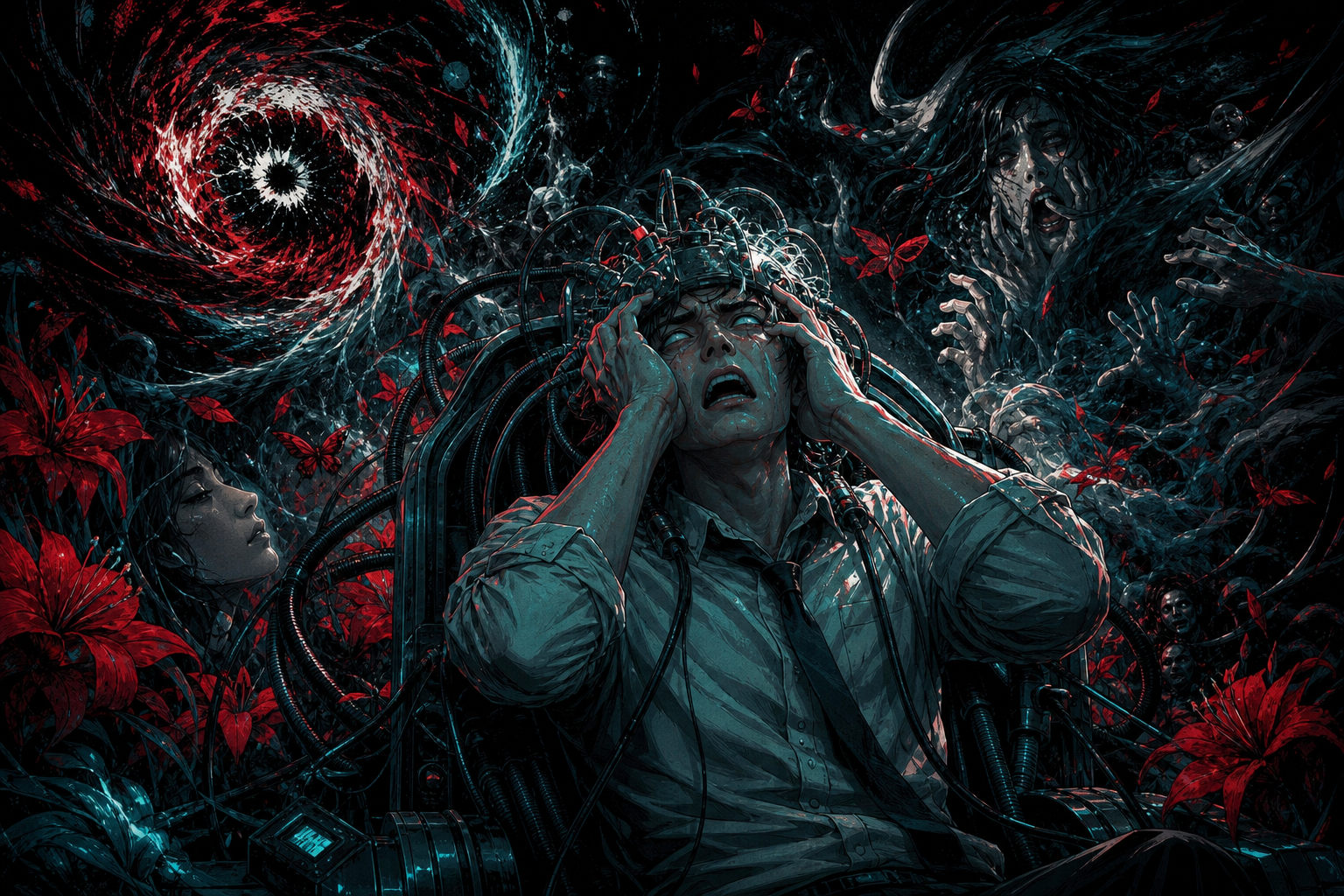 [Distressed man wearing wired neural headgear clutches his head, surrounded by swirling surreal visions, red lilies, and g...