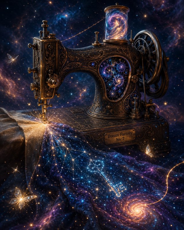 Ornate antique steampunk sewing machine stitches glowing cosmic constellation fabric against a sw...