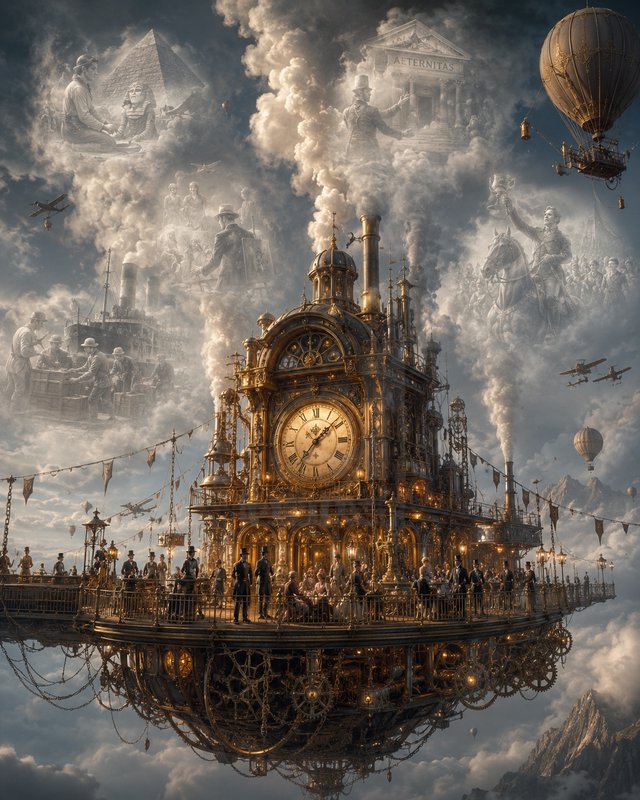 Ornate steampunk floating clock platform with Victorian figures, ghostly historical cloud apparit...
