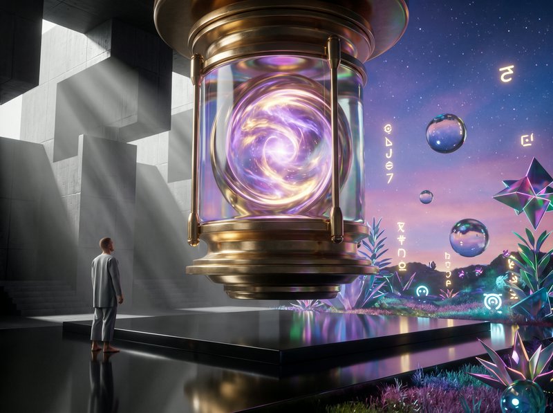 Barefoot man gazes up at a giant floating brass lantern holding a glowing purple cosmic spiral in...