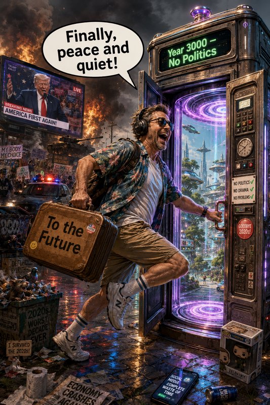 Joyful man with a "To the Future" suitcase escapes chaotic 2020s dystopia through a time portal t...