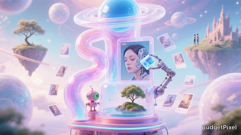 Pastel surreal futuristic scene with glowing AI console, tiny pink robot, floating memory photos ...
