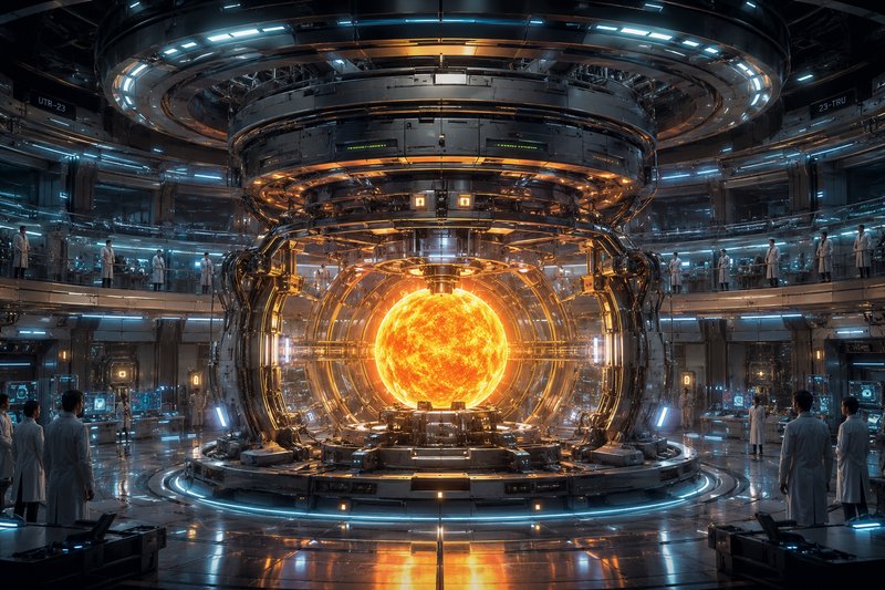 Futuristic multi-level lab with a large tokamak fusion reactor holding a glowing plasma core, obs...