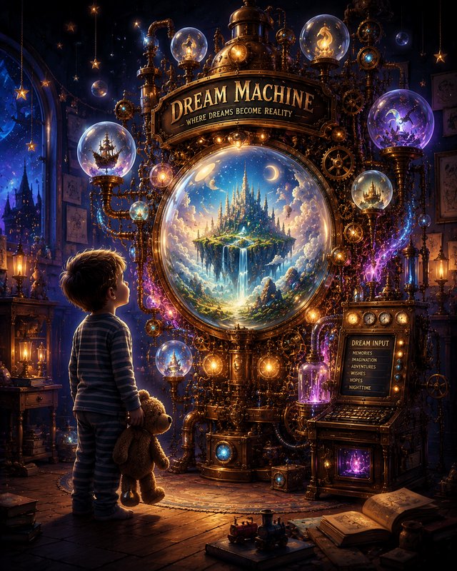 Young boy holding a teddy bear gazes at an ornate steampunk Dream Machine showing a glowing floating fantasy castle.
