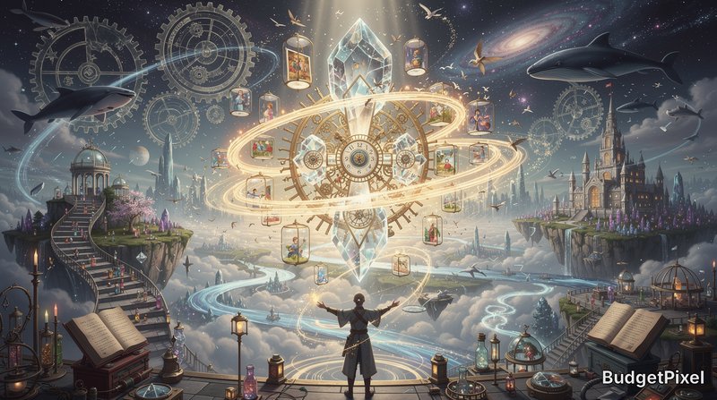 Surreal steampunk fantasy scene of a mage summoning a glowing clockwork crystal above floating sk...