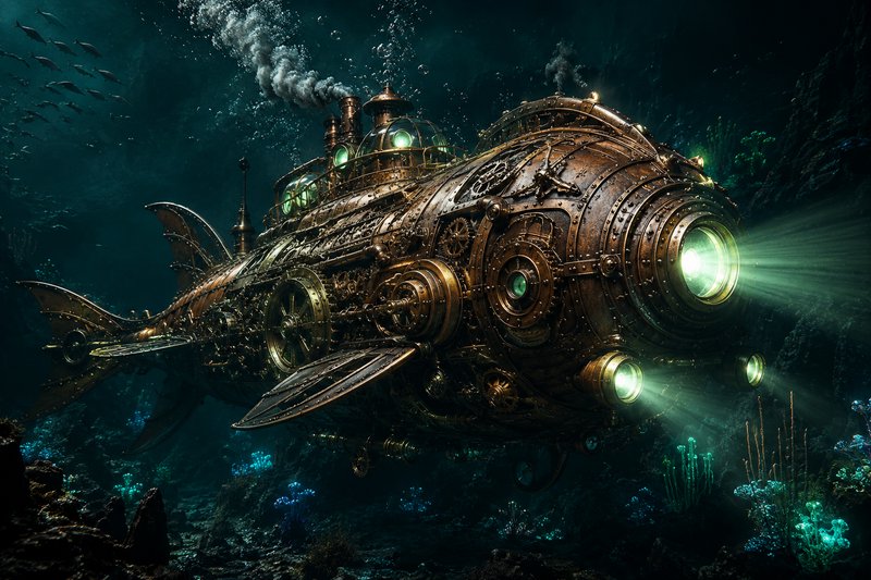 Ornate brass steampunk submarine with glowing green lights navigates a dark bioluminescent deep o...