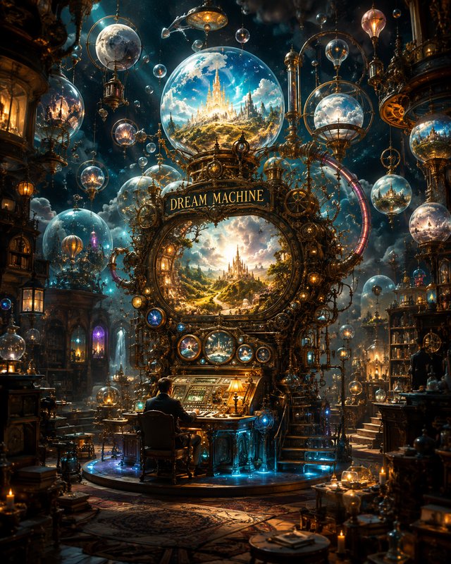 Ornate gilded steampunk "Dream Machine" console, seated operator, glowing floating glass orbs dis...