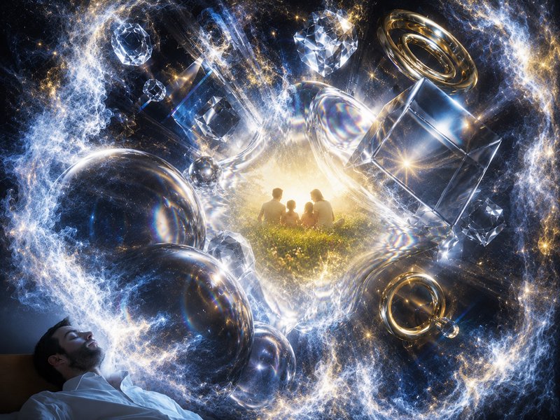 Sleeping man dreams of his happy family, surrounded by swirling ethereal energy, floating crystal...