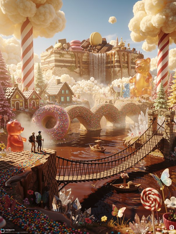 Whimsical candy fantasy landscape with hikers, chocolate river, donut bridges, giant gummy bears,...