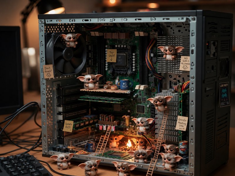Whimsical diorama of an open desktop PC case populated by tiny Gizmo-style Gremlin creatures livi...