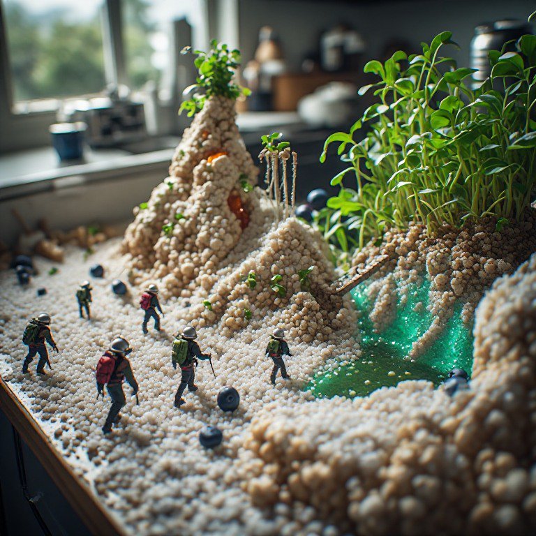 Tiny hiker figurines explore a creative food-built miniature landscape diorama displayed on a sun...