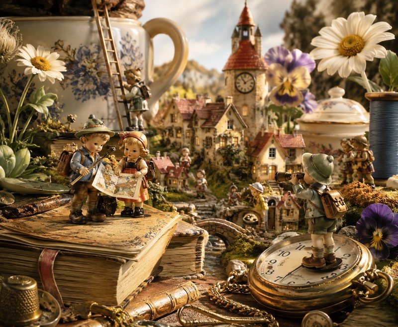 Whimsical miniature diorama of tiny hiker figurines exploring a fairy tale village built atop ant...