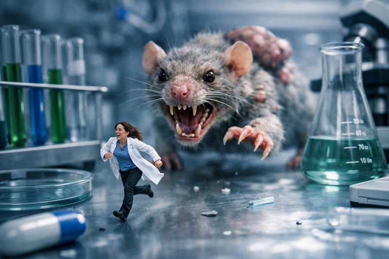 Miniature lab scientist runs in terror from a snarling giant mutated rat across a lab workbench.