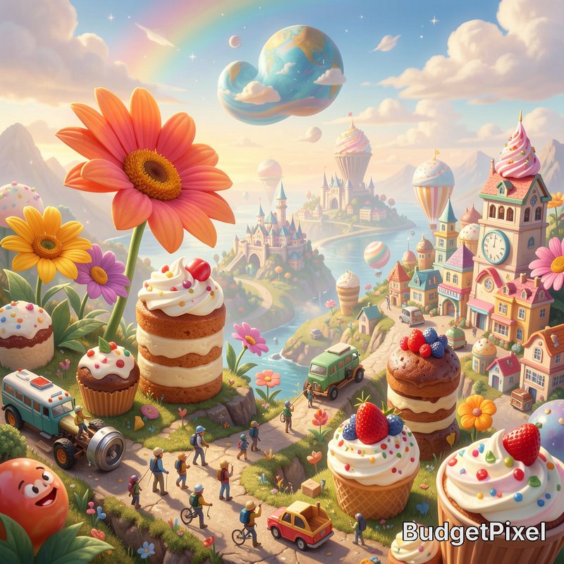 Whimsical candy fantasy land with giant pastries, tiny travelers, storybook villages, and magical...