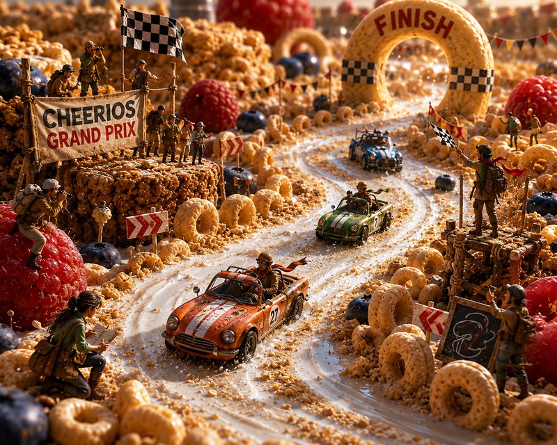 Whimsical miniature Cheerios Grand Prix diorama, with tiny race cars racing on a cereal and milk ...