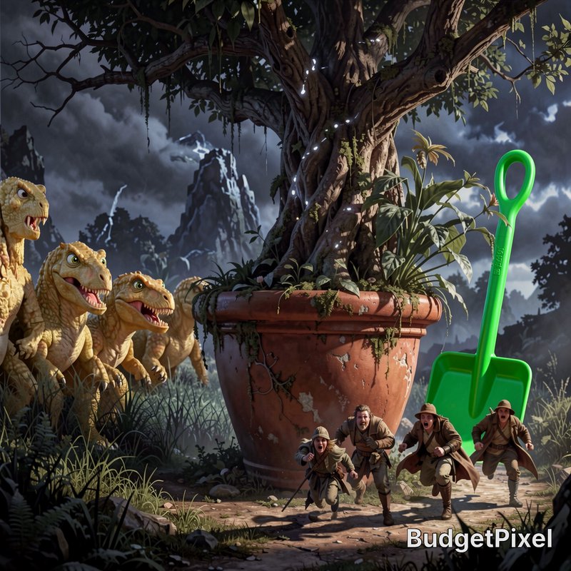 Surreal fantasy illustration: panicked explorers flee grinning dinosaurs beside a giant potted tr...