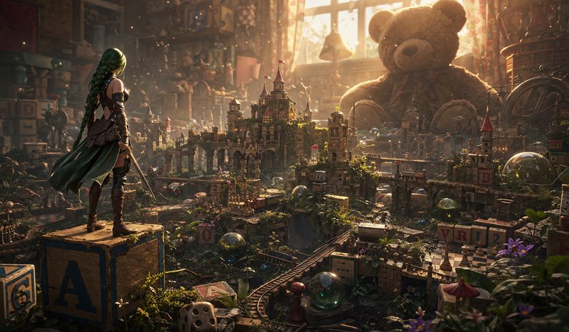 Green-haired elven warrior stands on a wooden alphabet block, overlooking a miniature fantasy cas...