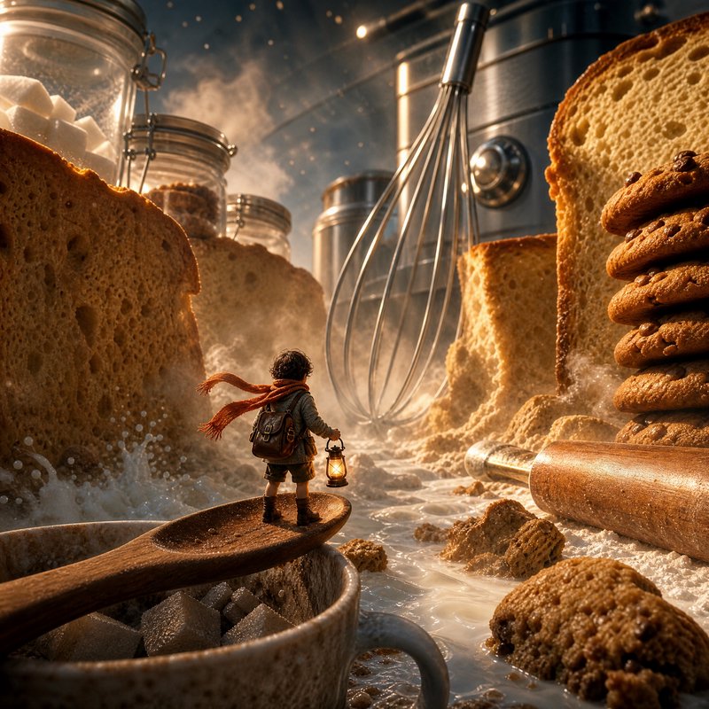 Tiny adventurer holding a lantern stands on a giant wooden spoon in a surreal oversized bakery la...