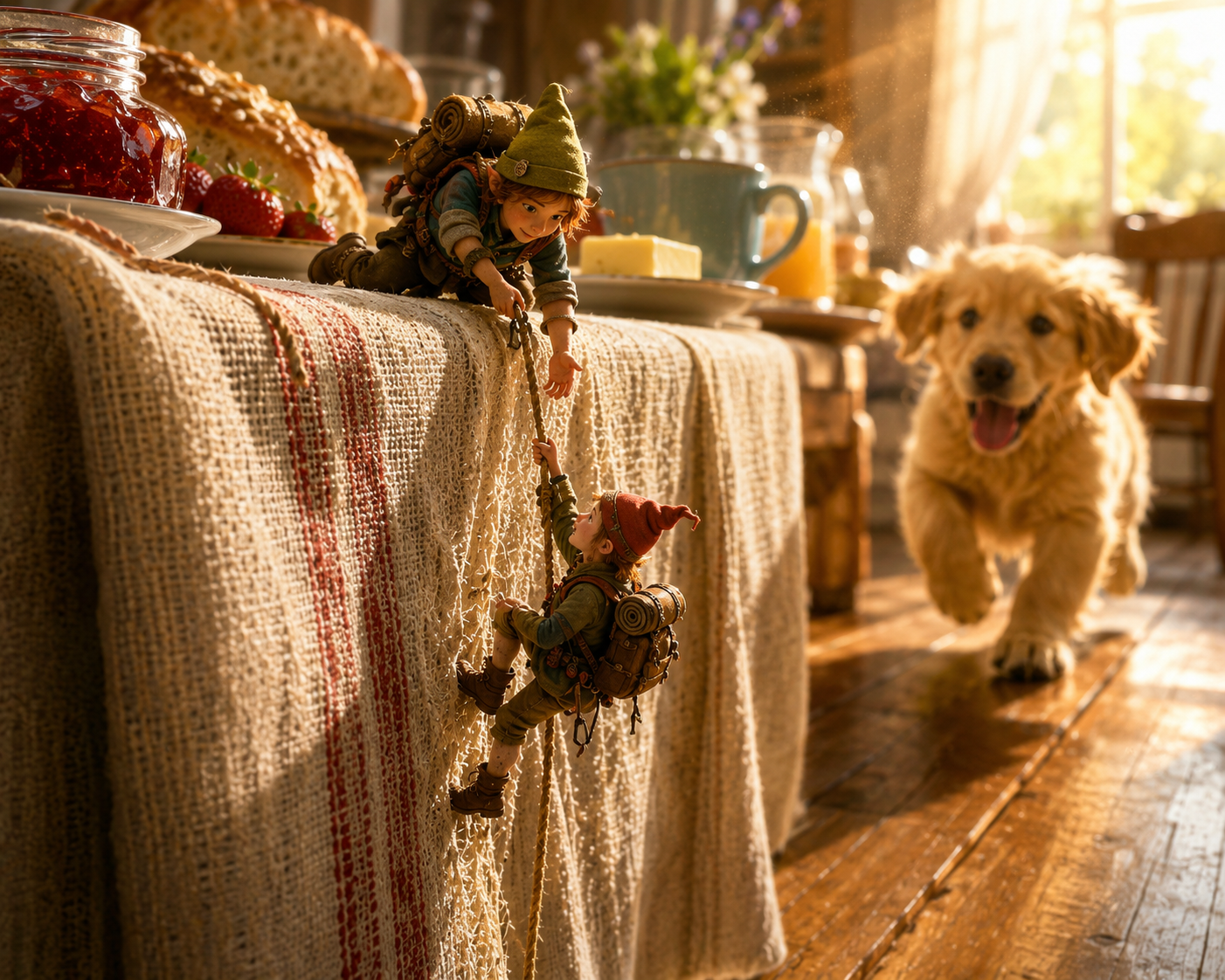 Two tiny backpack-wearing gnome figures climb a breakfast table as a golden retriever puppy approaches in warm sunlit light